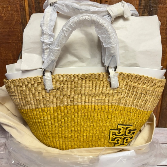 Tory Burch Women's Small Ella Straw Striped Basket Tote - Natural/Banana Yellow - Picture 6 of 8